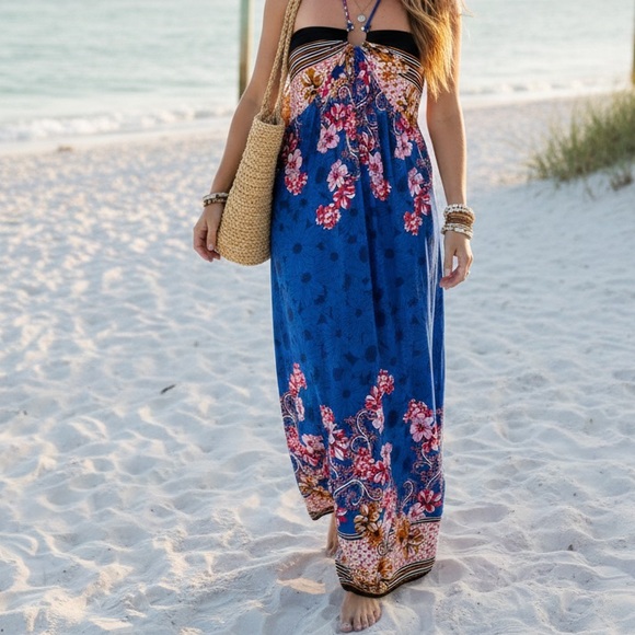 la la muse Dresses & Skirts - NWT La La Muse Blue Black Floral Strapless Halter Maxi Dress Size XL Boho Chic